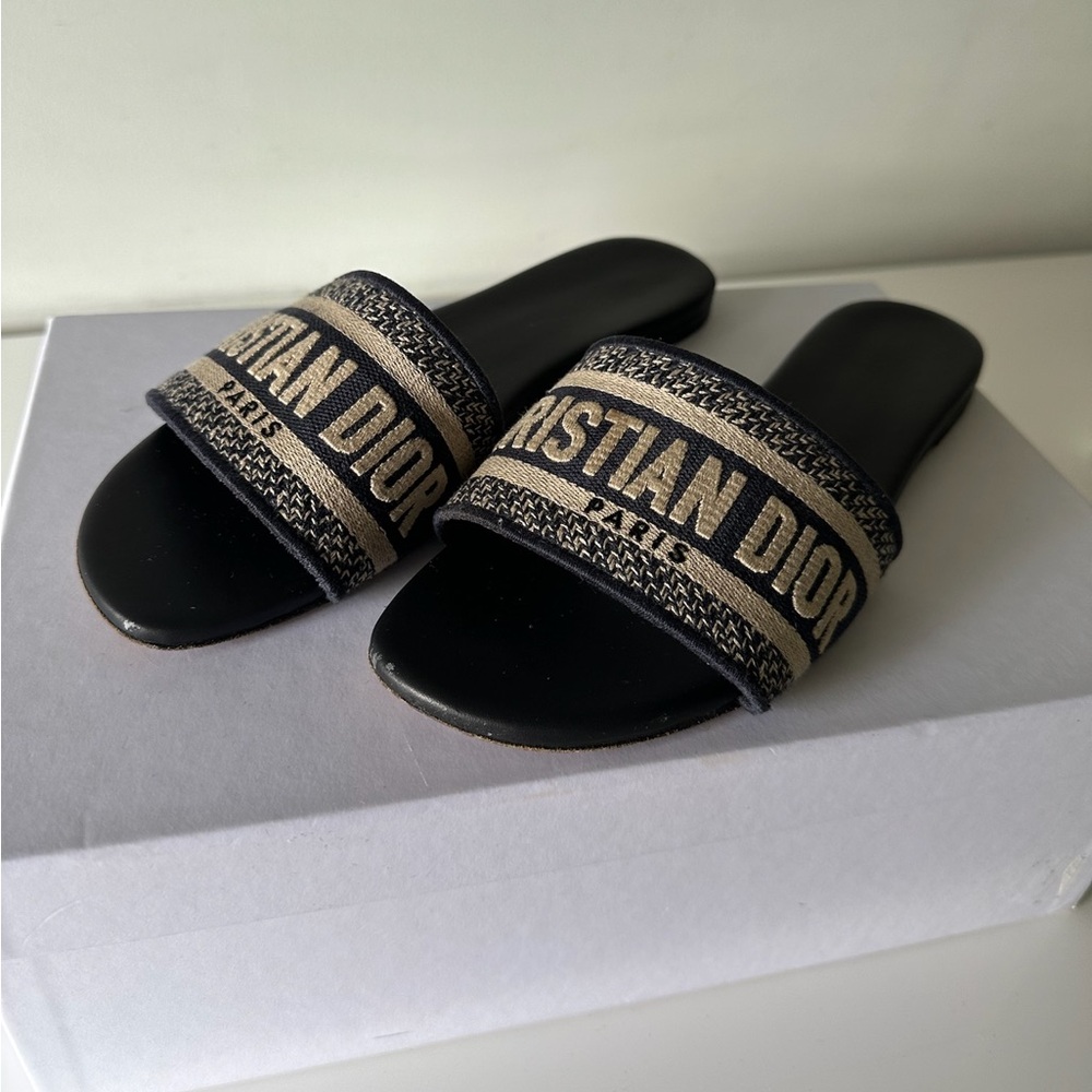 Christian Dior Dway Slides Deep Blue Embroidered Cotton Sandals Size 37.5